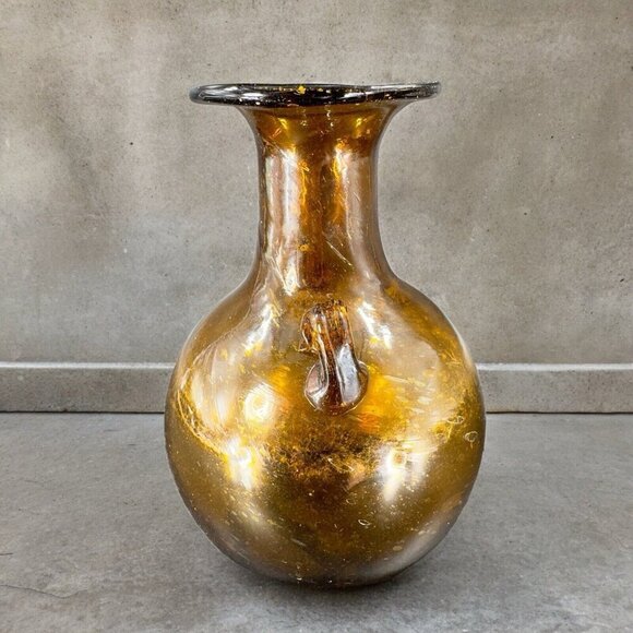 Vintage Egyptian Dark Amber Glass Vase Vessel Hand Blown With Handles Glass Vase - Picture 2 of 16